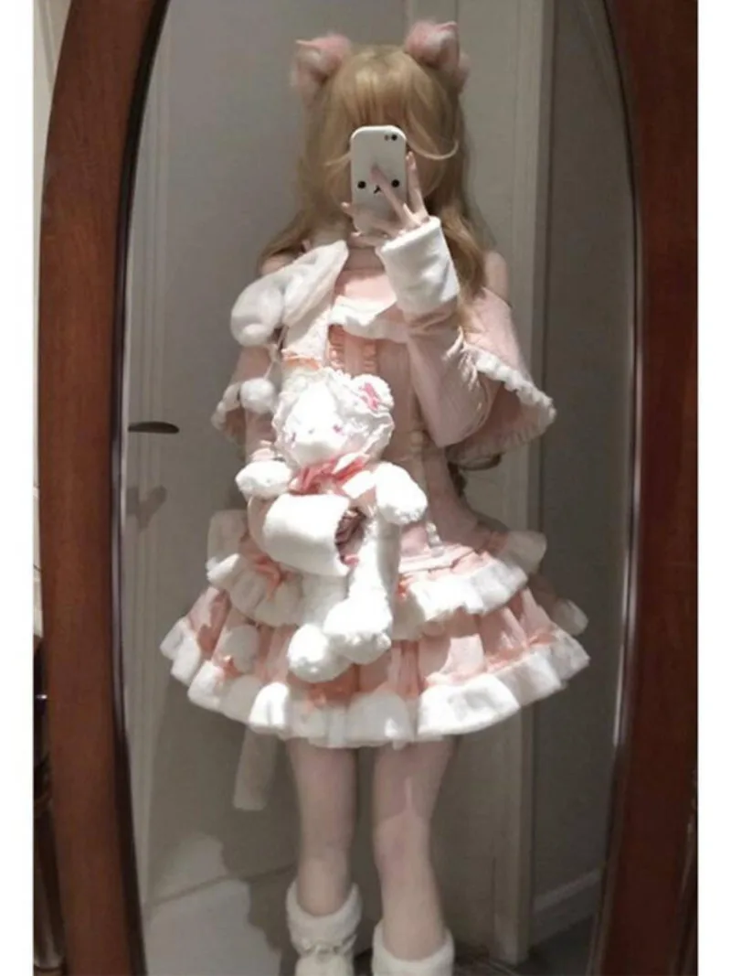 Winter Christmas Pink Bow Skirt Sets Sweet Girl Cute Slimming Top+Cake Skirt Two Piece Sets Kawaii Girls New Clothes