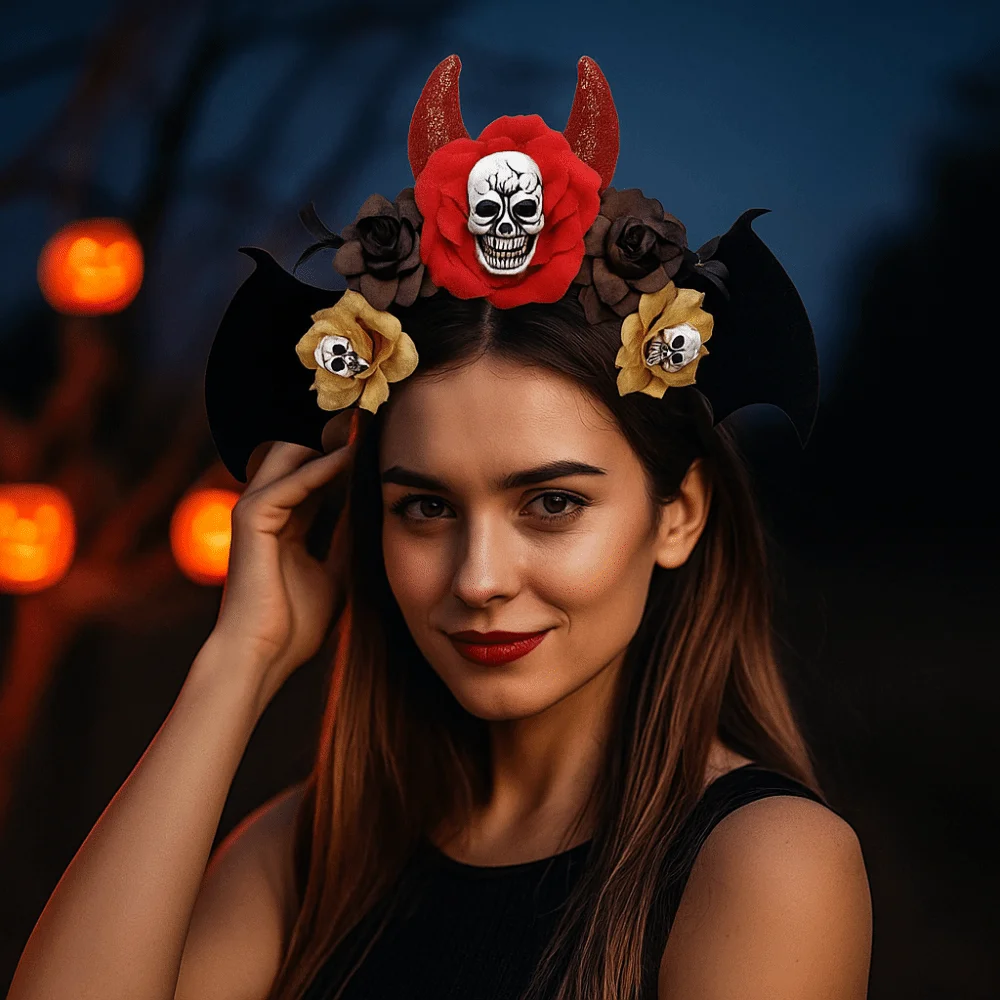 

Gothic Skull Head Hair Hoop Simulation Flowers Bat Halloween Skull Headband Headdress Dark Day of The Dead Hairband