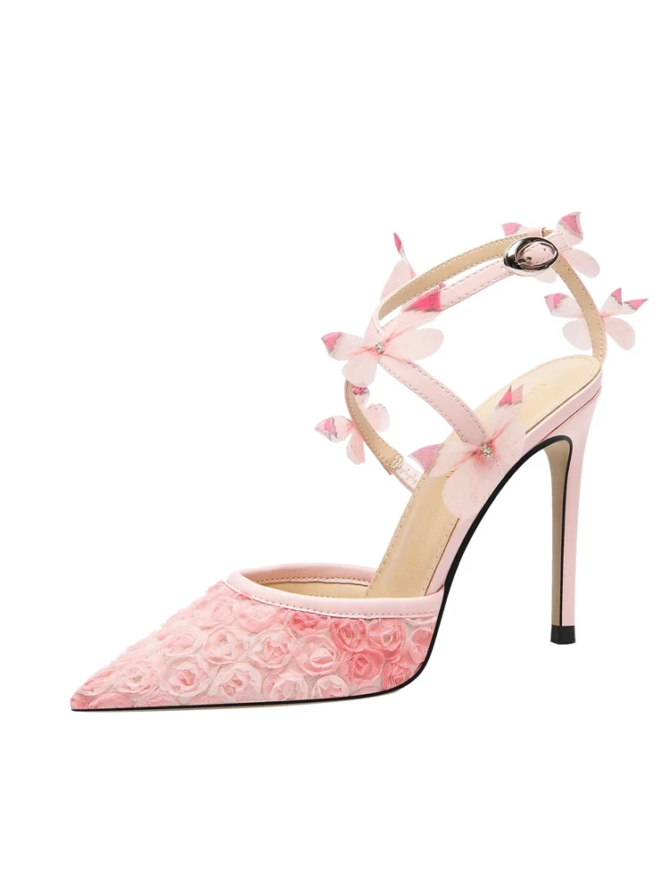 

Summer pointed cross-band rhinestone lace mesh rose flat sandals thin high-heeled banquet dress large size small size women shoe