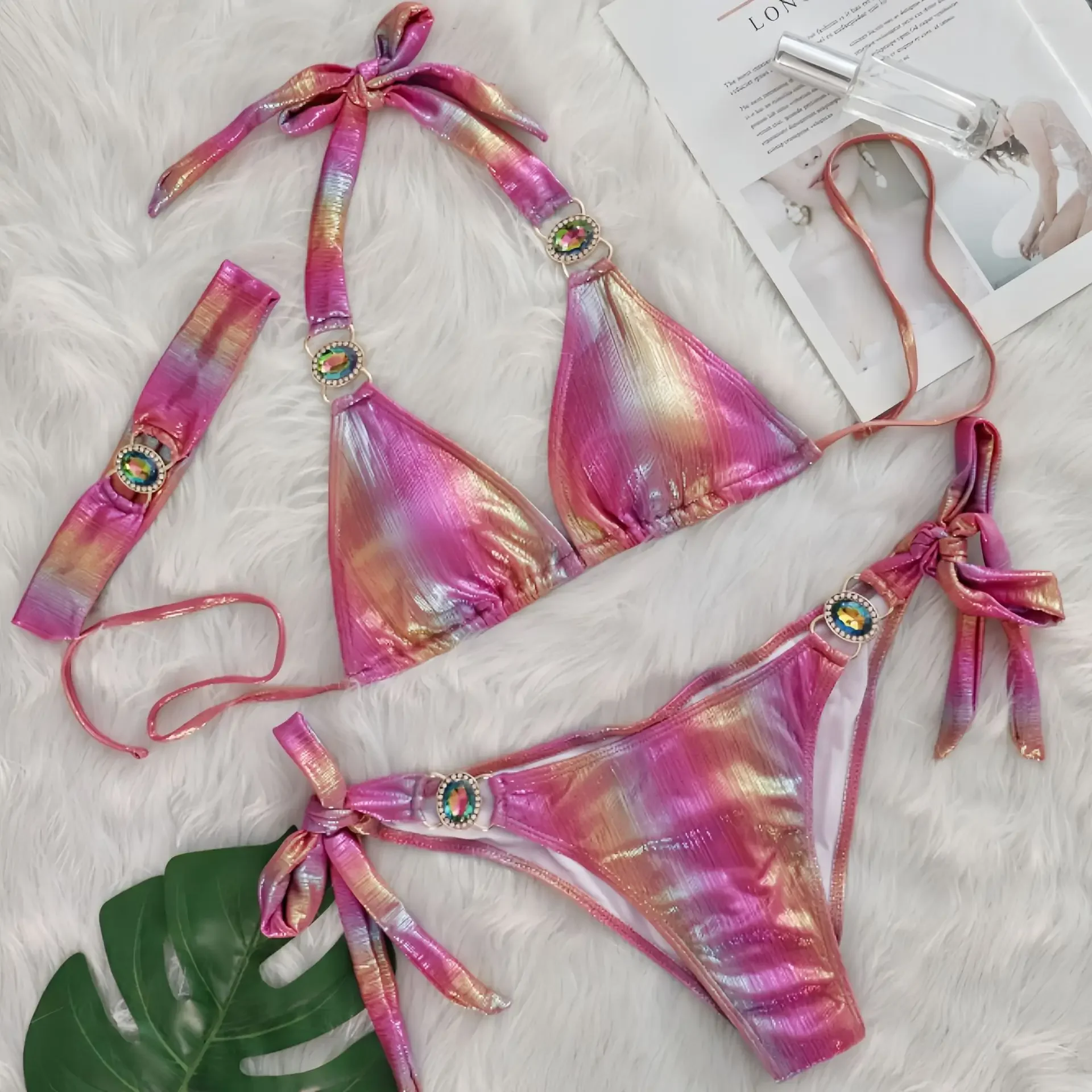 

With Hairband Halter Jewelled Diamond Bikini Women Swimsuit Female Swimwear Three Pieces Bikini Set Brazilian Bathing Suit Swim