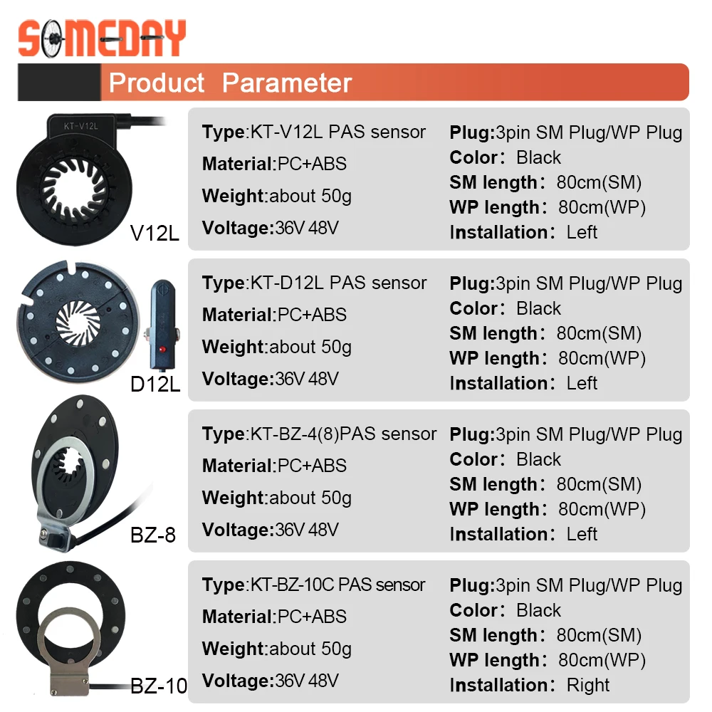 SOMEDAY KT Ebike Pedal Assistant Sensor 6 8 12 Magnets BZ4(8) BZ10C V12L D12L Dual Hall Sensors PAS For Electric Bike Motor Kit