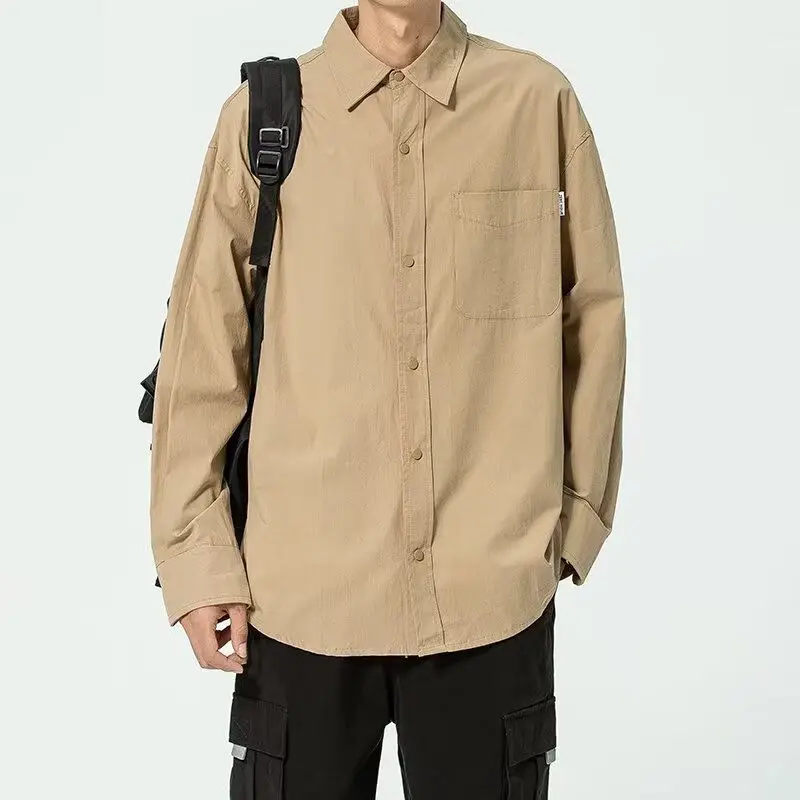 Japanese 2024 Spring and Autumn Men's New Splicing Square Collar Button Pocket Fashion Solid Color Loose Versatile Casual Shirts