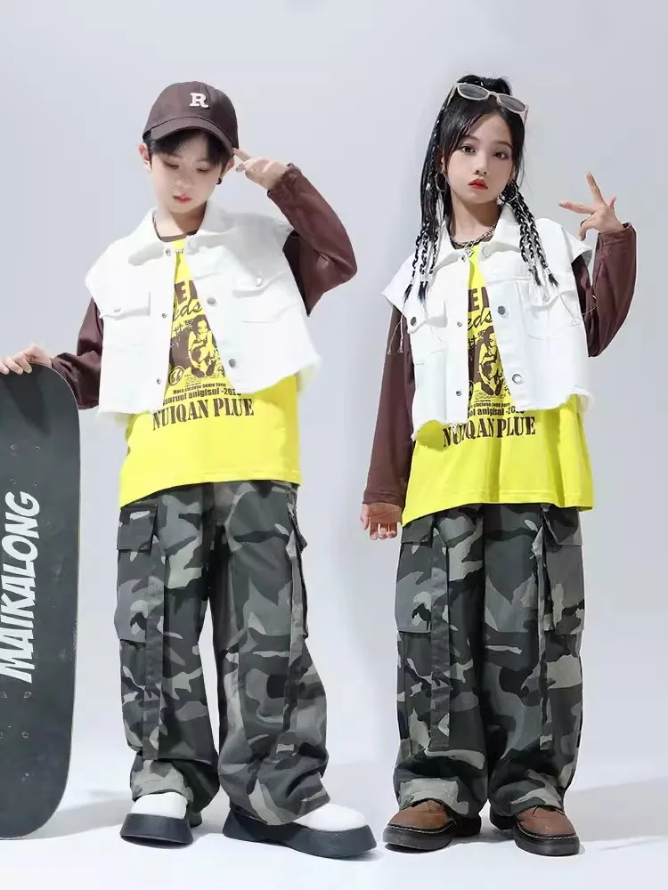 Modern Hip Hop Dance Costume Kids White Vest Loose Camouflage Pants Boys Streetwear Girls Jazz Performance Clothes Rave BL11929