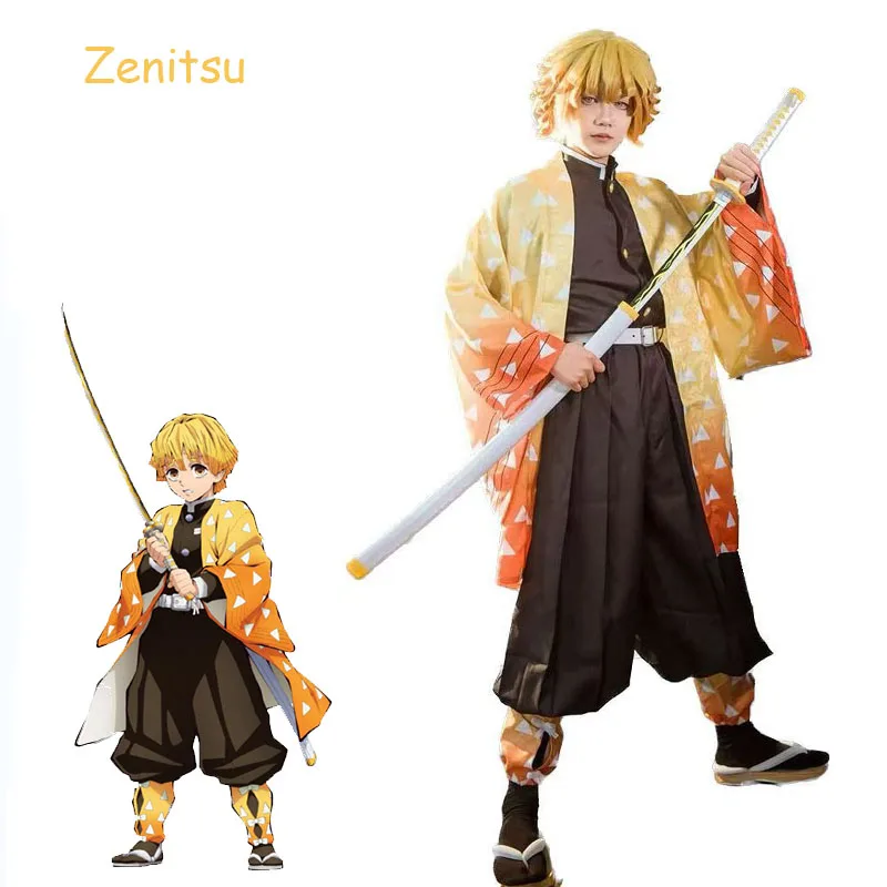 Anime Agatsuma Zenitsu Cosplay Kostuum Kimono Halloween Kleding Party Uniform Pruik Vrouwen Kids