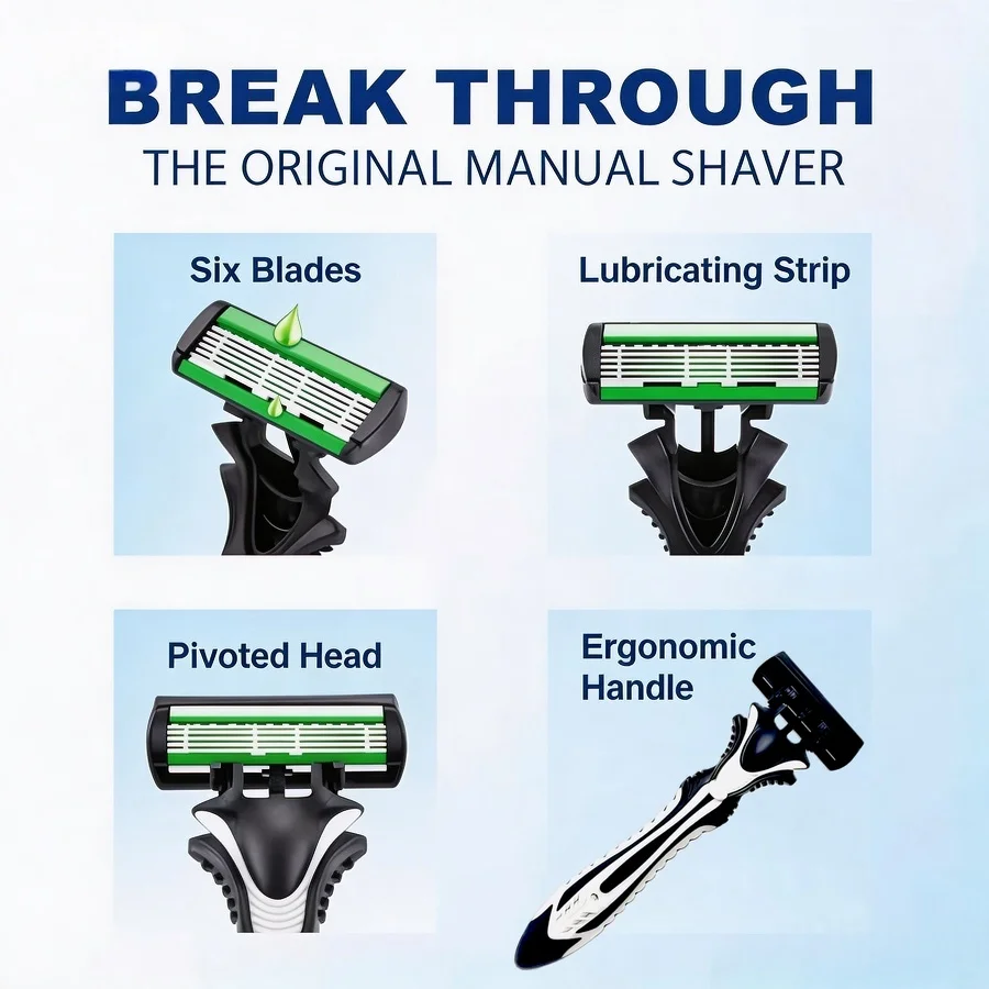 Razor Classic 6 Layer Safety Razor For Men Shaving Hair Removal Shaving Blades Manual Shaver Green 1 Handle With 3 Blades Razors