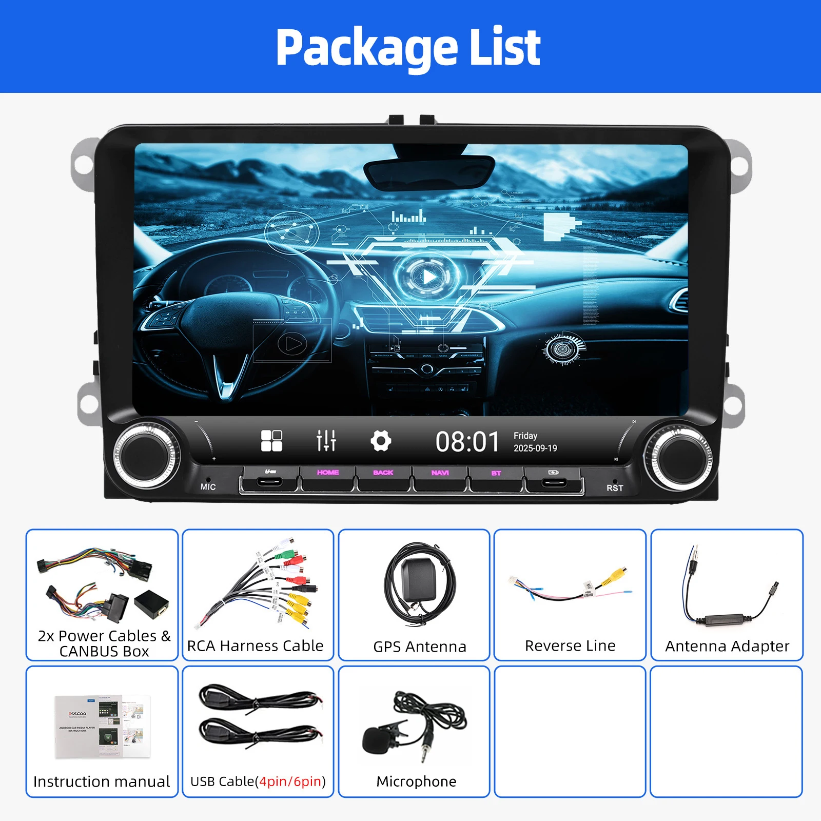 ESSGOO 9 inch autoradio voor Volkswagen Golf 5 6 Passat Polo, multimediaspeler met 4GB 64GB, Carplay, Android Auto en draaiknop, GPS