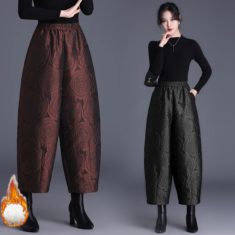 New Chinese Style Embossed Heavyweight Blooming Rose Slimming Wide Leg Cotton Pants Loose Fit Casual Trousers for Women