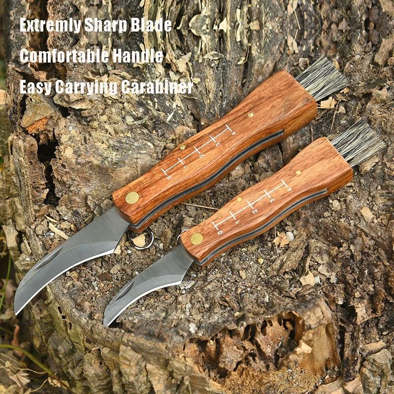 Mushroom Knife Brush Stainless Steel Folding Knives Multifunctional Brush Outdoor Mini EDC Wooden Handle Sharp Camping Harvest