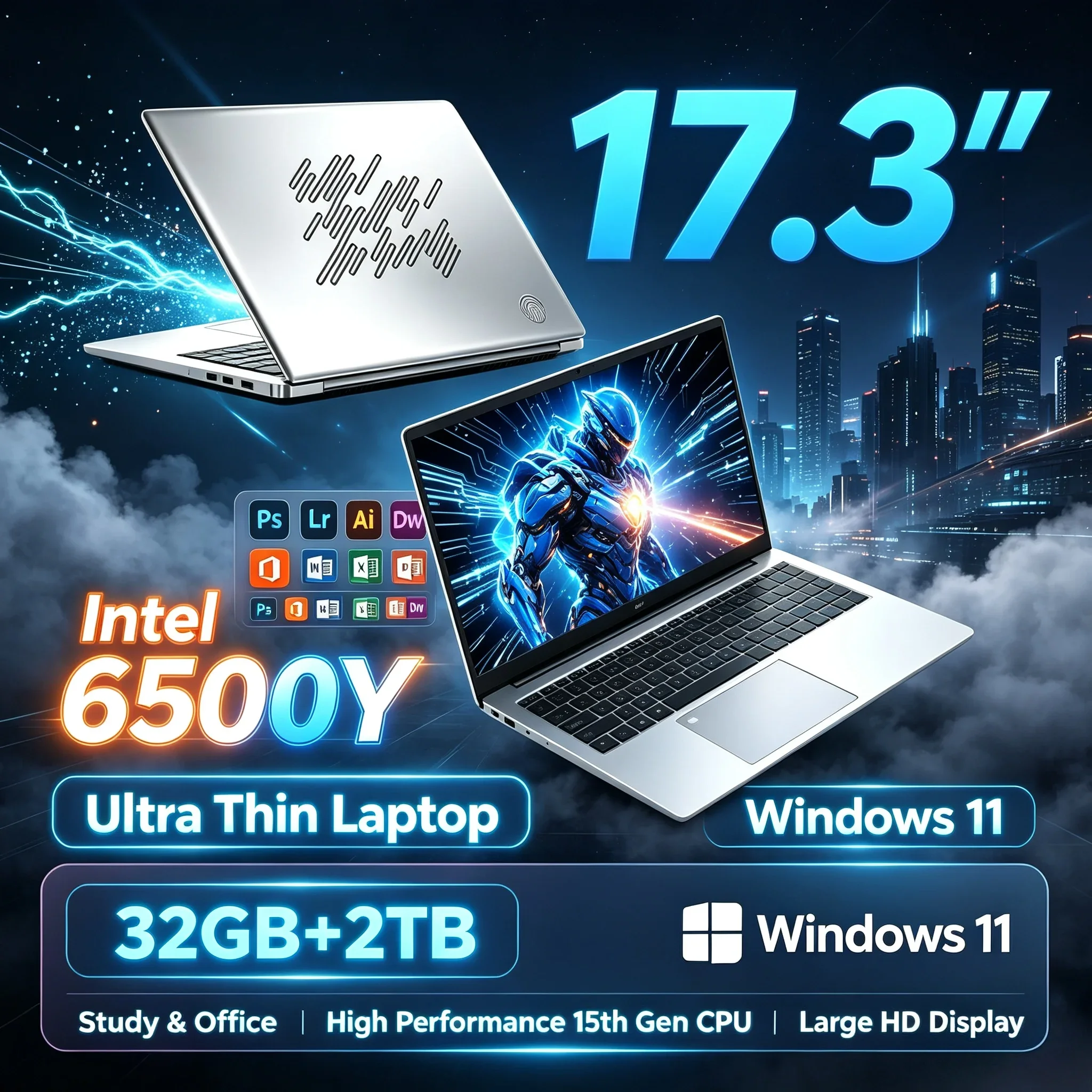 New 17.3'' Inch Big Display Laptop Intel 6500Y 32GB RAM 2TB SSD Win11 WiFi6 BT5.2 Portable Notebook PC For Study Work Office Use