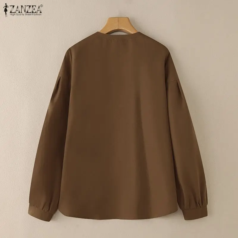 ZANZEA élégant décontracté col rond à manches longues chemises de bureau femmes automne chemise printemps solide bouton hauts femme élégante OL travail Blouse