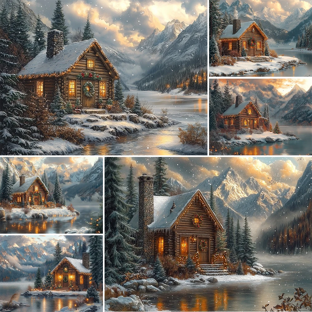 Fondo de fotografía de cabina de Navidad, suministros de decoración de río de montaña al aire libre, telón de fondo de vacaciones para adultos y niños, accesorios de estudio