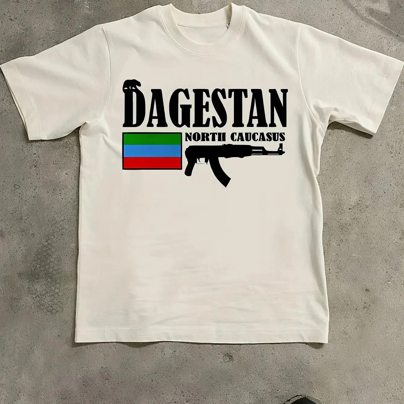 Dagestan Flag and AK47 Rifle Print, North Caucasus Text Design Trend, Street Style, Travel and Cultural Enthusiasts' Choice