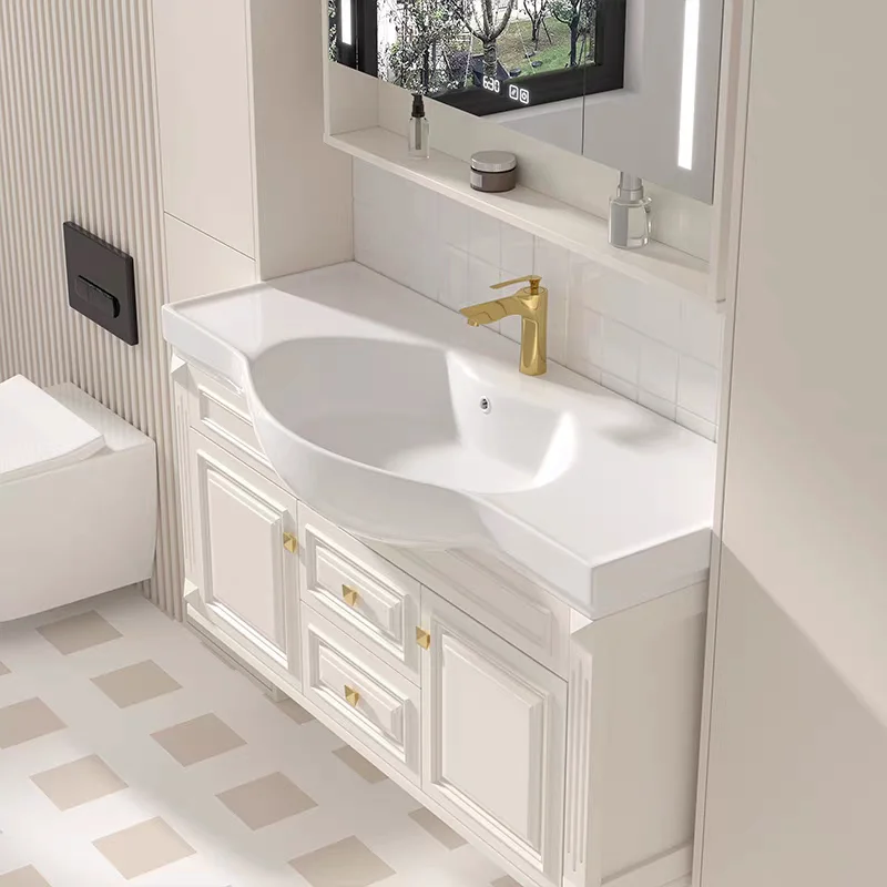 Oak bathroom cabinet combination, ceramic integrated big belly basin washbasin, narrow side 36cm wide washbasin