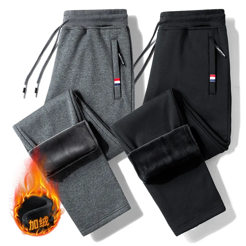 

2025 Новые мужские хлопковые спортивные штаны, на флисовой подкладке и утолщенные, свободные повседневные брюки прямого кроя, мужские длинные брюки больших размеров