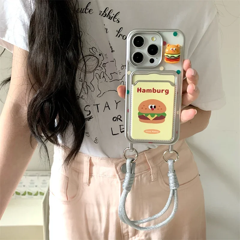 Cute French fries Card Holder Electroplating Phone Case For iPhone 15 Pro 12 14 13 Pro Max 14pro Cover with Hand Strap Cases Fun