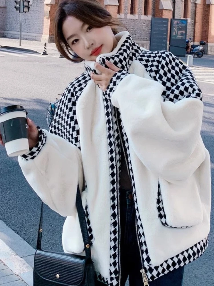 

Winter New in Fashionable Plaid Printed Lambskin Jacket Thickened Warm Casual Loose Cotton Padded Thick Cotton Jacket Tops