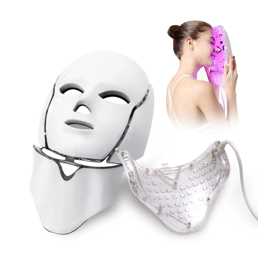 Maschera per il viso a LED con collo 7 colori Photon Antirughe Schiarente per la pelle Collo Maschera di bellezza Rimozione delle rughe Rafforzamento della pelle Bellezza