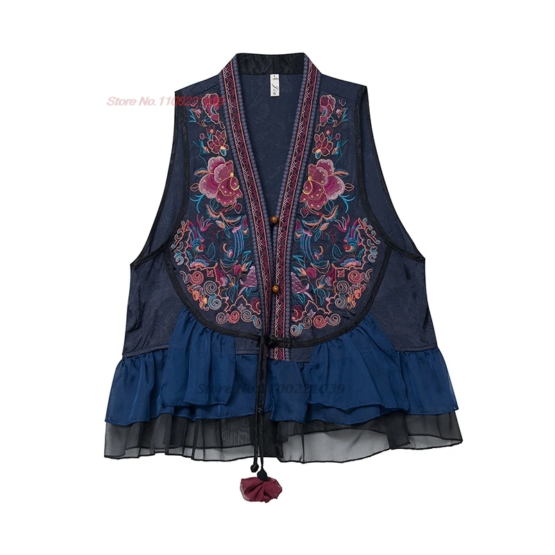 2024 flower embroidery lace patchwork chinese folk vest traditional oriental ethnic casual gilet retro sleeveless waistcoat vest