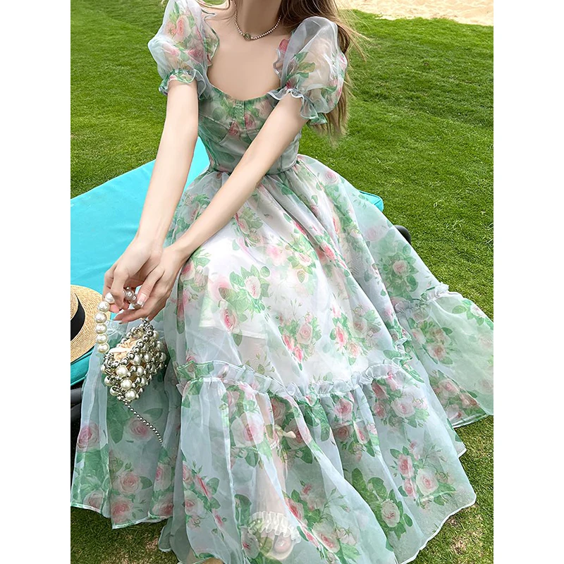 Pink Floral Print Green Chiffon Dress Spring Summer Fashion A-line Dress 2023 French Style Elegant Vintage Square Collar Dress