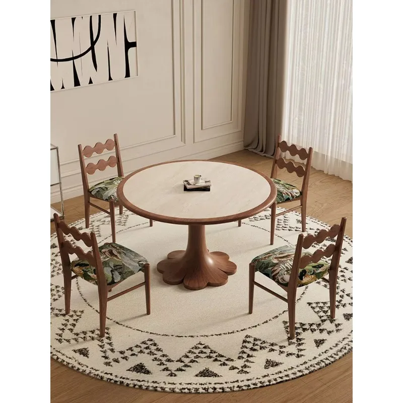 

French Style Round Dining Table With Sintered Stone Top & Wood Pedestal, Romantic Flower Shape Base Dining Room Furniture