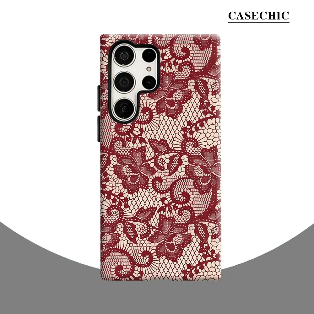 Red Vintage Lace Phone Case for Samsung Galaxy S26 S25 Ultra S24 S23 Ultra Plus Shockproof Double layer tough Back Cover