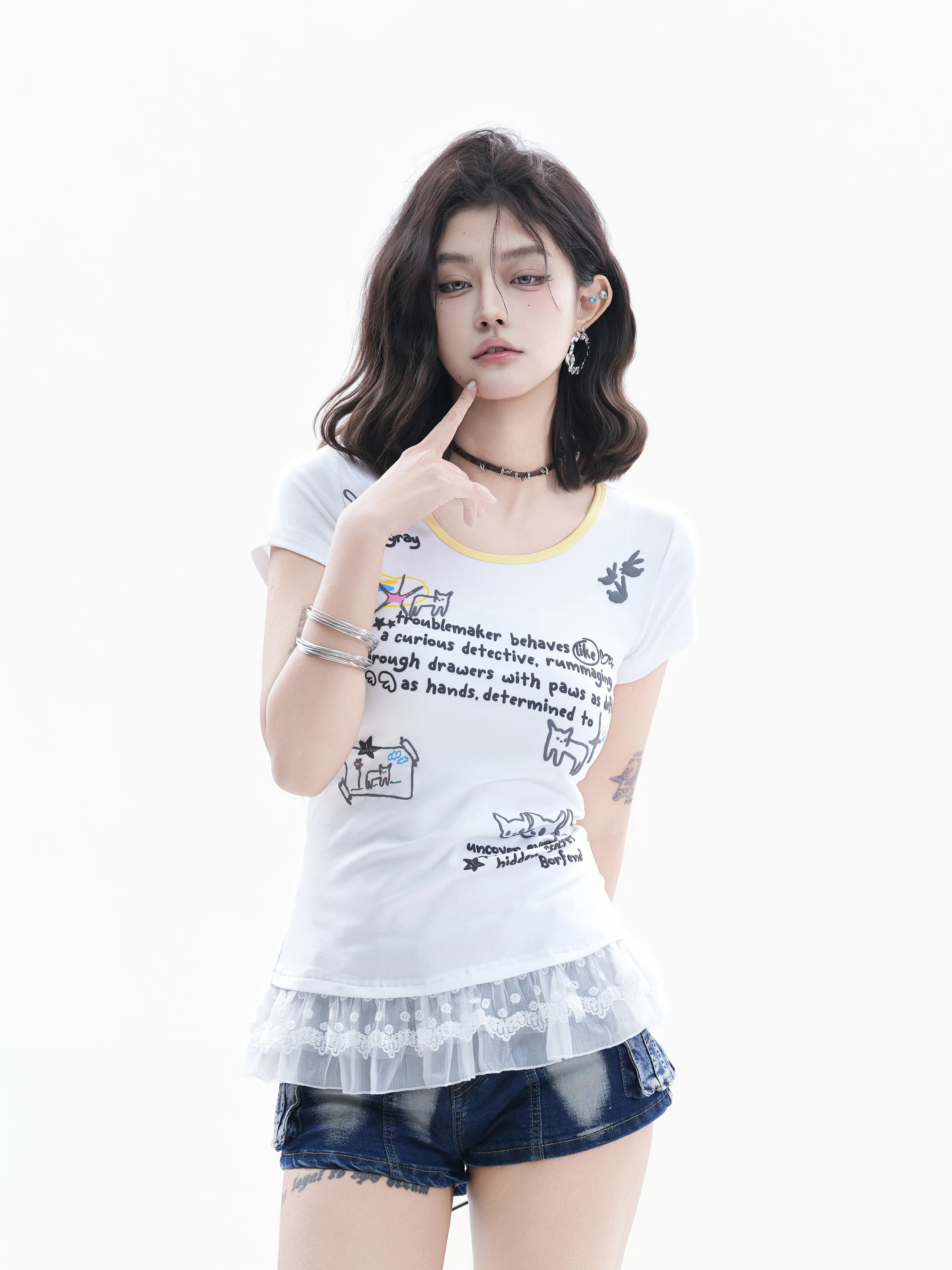 

Sweet Style American Print Short Sleeve T-Shirt Women Slim Fit Lace Hem Cotton Top Cool Sweet round Neck Pullover