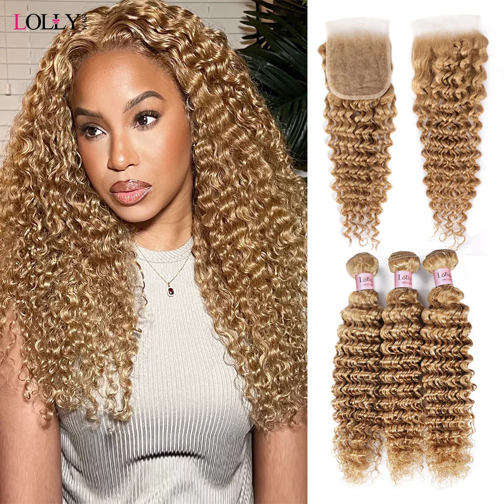 #27 Deep Wave Bundles With Closure 4x4 Honey Blonde Colored Human Hair Extensions Brazilian Hair Weave Bundles With Closure