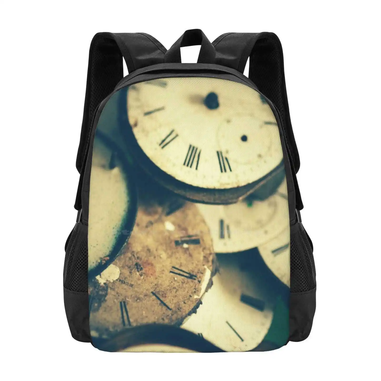 Past Lives Pattern Design Bagpack School Bags Old Neglected Vintage Round Circle Watch Face Numbers Antique Retro Abstract