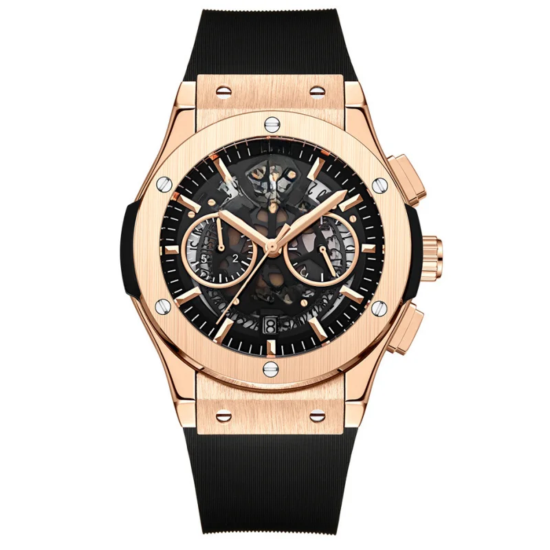 Imitation Automatic Mechanical Rubber Band Multi-Function Running Seconds Timing Rose Gold Men's Quartz WatchWATCH