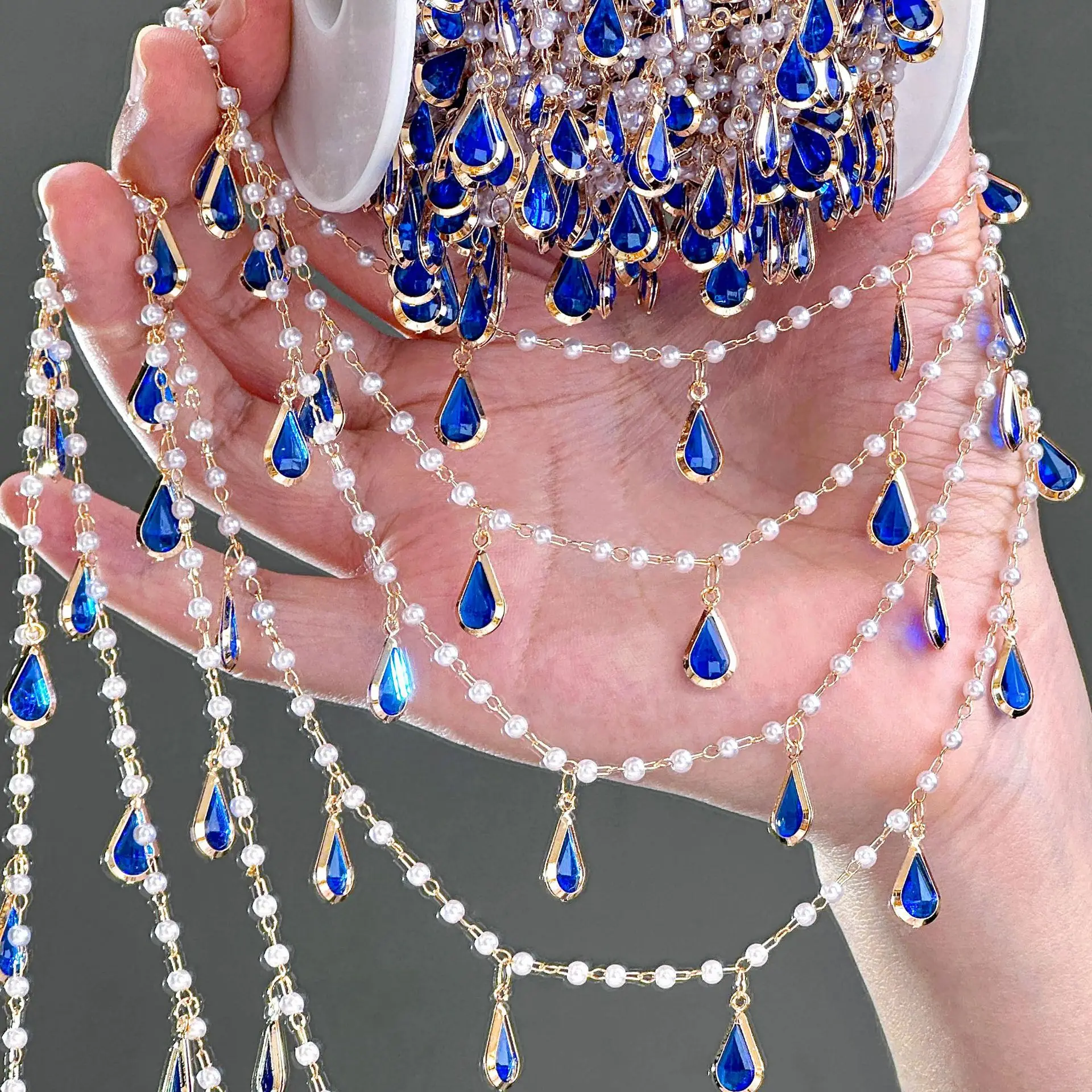 1 Meter tropfenförmige Zirkon-Kristallkette in Blau für DIY-Armbänder, Halsketten, Kleidungszubehör, Haarkronenketten, Materialien – Detail 4