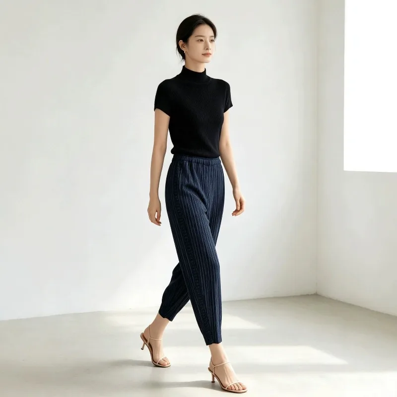 Miyake Pleated Faux Denim Skinny Pants Women 2026 Summer Thin Vertical Striped Elastic Waist Slim Nine-Point Harem Casual Pants