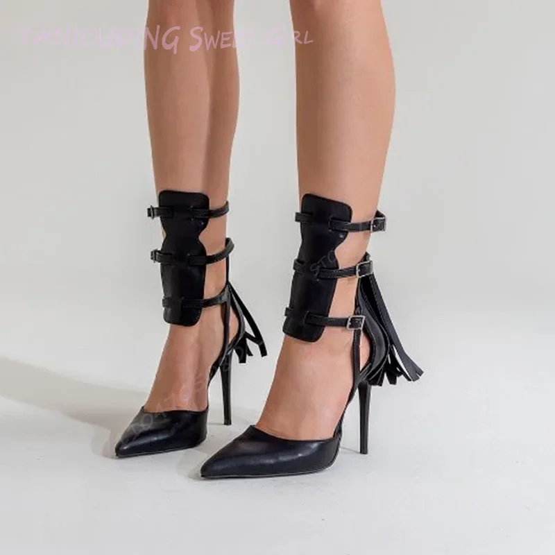 

White Leather Strap Buckle Tassel Heels Zip Back Patchwork Black Ankle Strap Hollow Striped Stiletto Heel Sexy Casual Women Shoe
