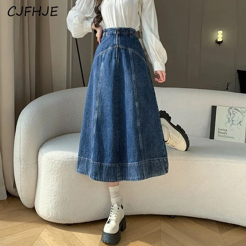 

CJFHJE Spring Fashion Retro Women's Zipper Lighthouse Denim Skirt New Korean High Waist Loose Women A-line Mid Length Skirt