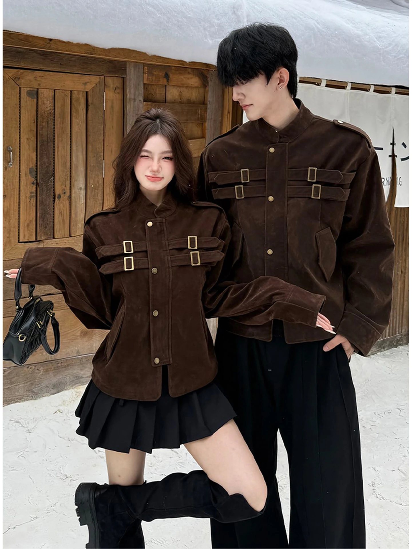 

Мужская коричневая замшевая куртка с поясом, в американском стиле, осенне-зимняя, бейсбольная, свободного кроя, с длинными рукавами, на молнии