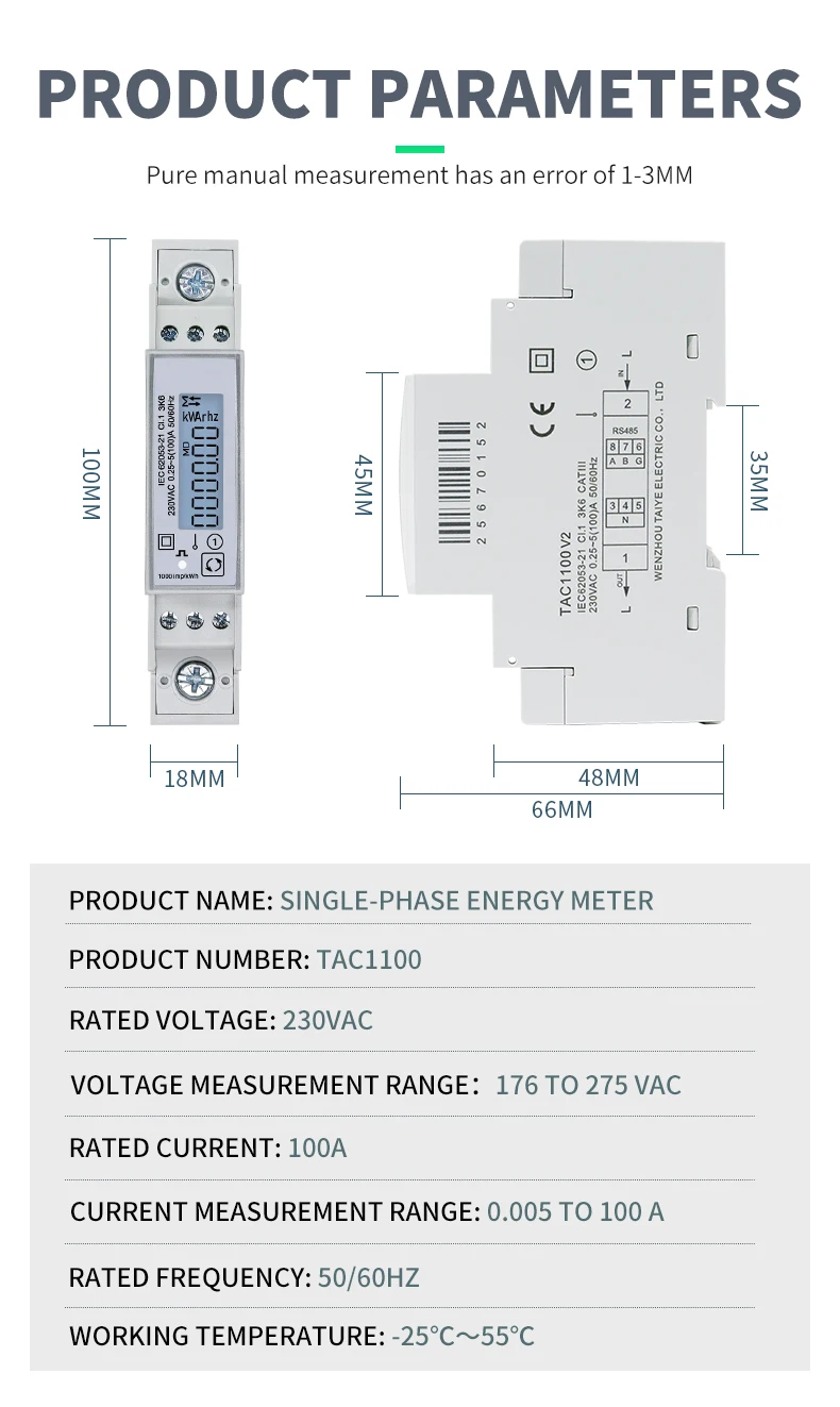 100A Einphasig 230V Din Rail Meter Strom Kwh Meter Multifunktions Energie Meter RS485 Modbus RTU Meter TAC1100 – Detail 4