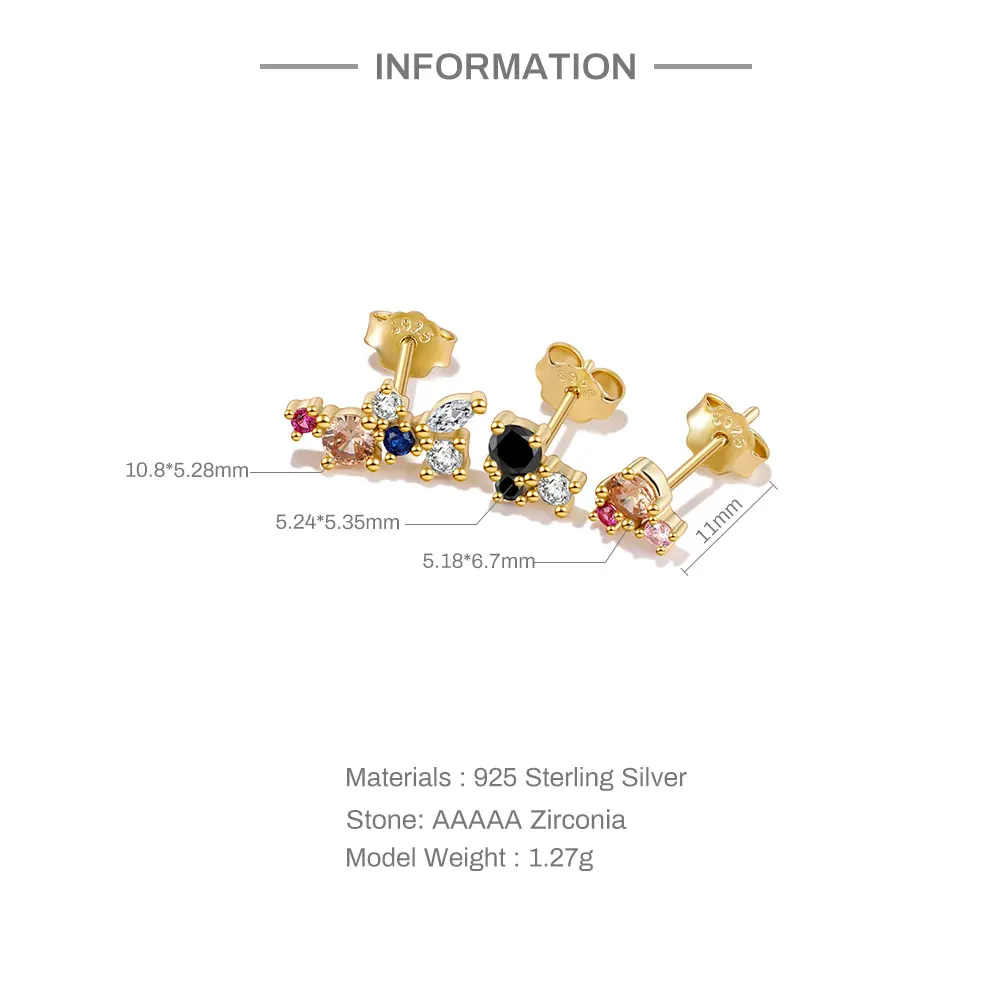 925 Sterling Silver Mixed Colorful Zircon Earrings For Female Simple Ins Delicate Stud Earring Piercing Jewerly 3pcs/set
