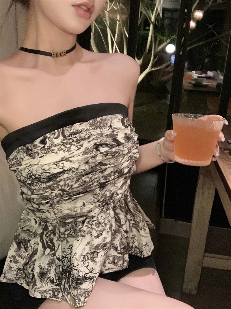 

Water-Mark Print ter Ne Vest Women's Summer Outfit Sweet Spicy Sle One-oulder Puffy Top Thai Korean Sle