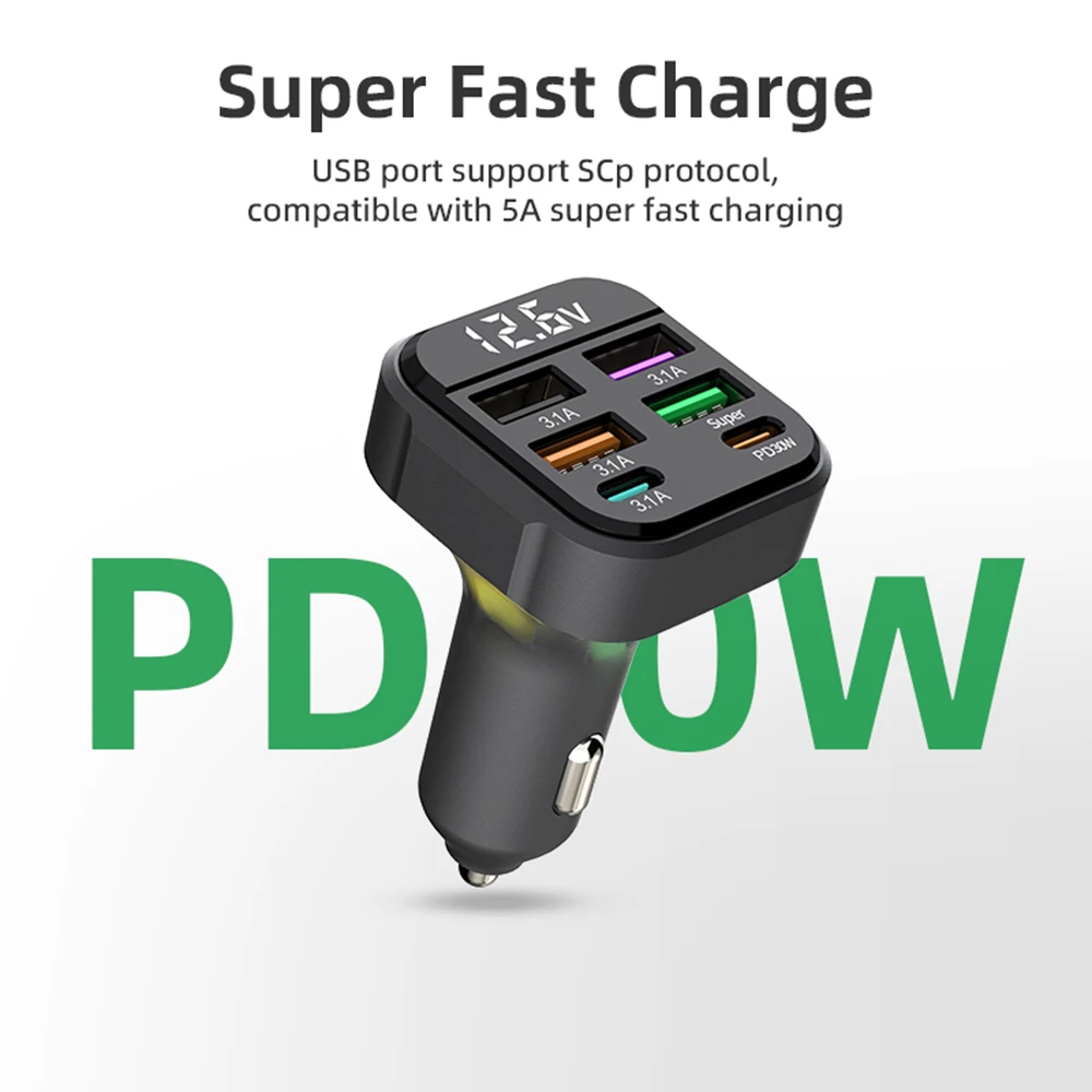 Cargador de coche de 6 puertos de carga rápida PD 30W QC3.0 USB C cargador de teléfono de coche Universal adaptador tipo C en coche para iPhone Samsung Huawei