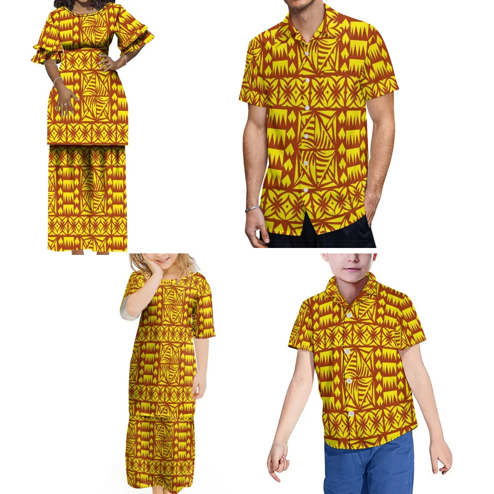 Adult Children'S Clothing Polynesian Vintage Grain Design Art Clothing Family Party Set Custom Women'S Puletasi Men'S Shirt