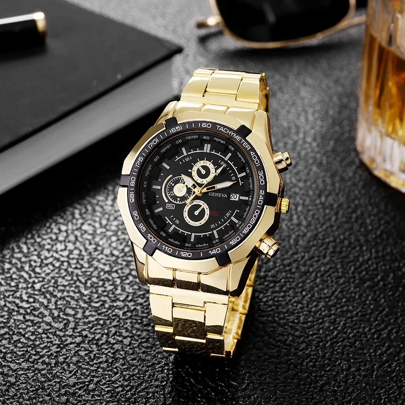Relojes deportivos de lujo para Hombre de negocios, Reloj con banda de acero, conjunto de 3 uds., Reloj de pulsera de cuarzo con doble pulsera, Reloj de regalo para Hombre