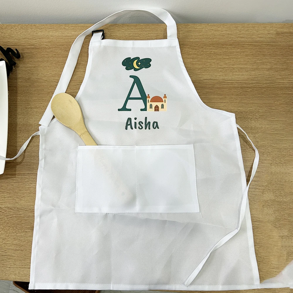 Personalised custom name Initial children white Apron Eid Mubarak Muslim Islamic Ramadan Kareem Iftar suhoor decoration kid gift