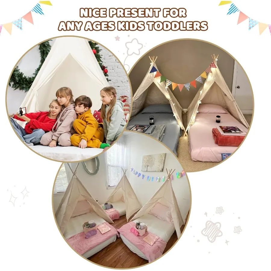 Barraca tipi de lona natural para crianças, 4 pacotes, barracas tipi para festa de meninas com barraca de brincar lavável interna, inclui transporte