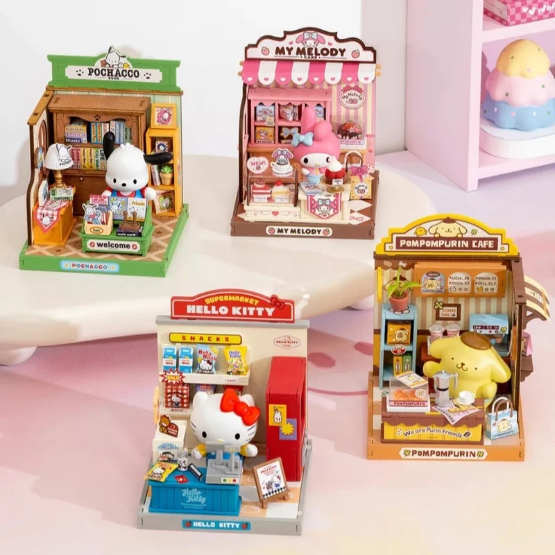 Sanrio Family Cute Fun Shopkeeper Wooden Building Blocks Hello Kitty Hello Kitty Miniature Model Patchwork Toy Collection Gift