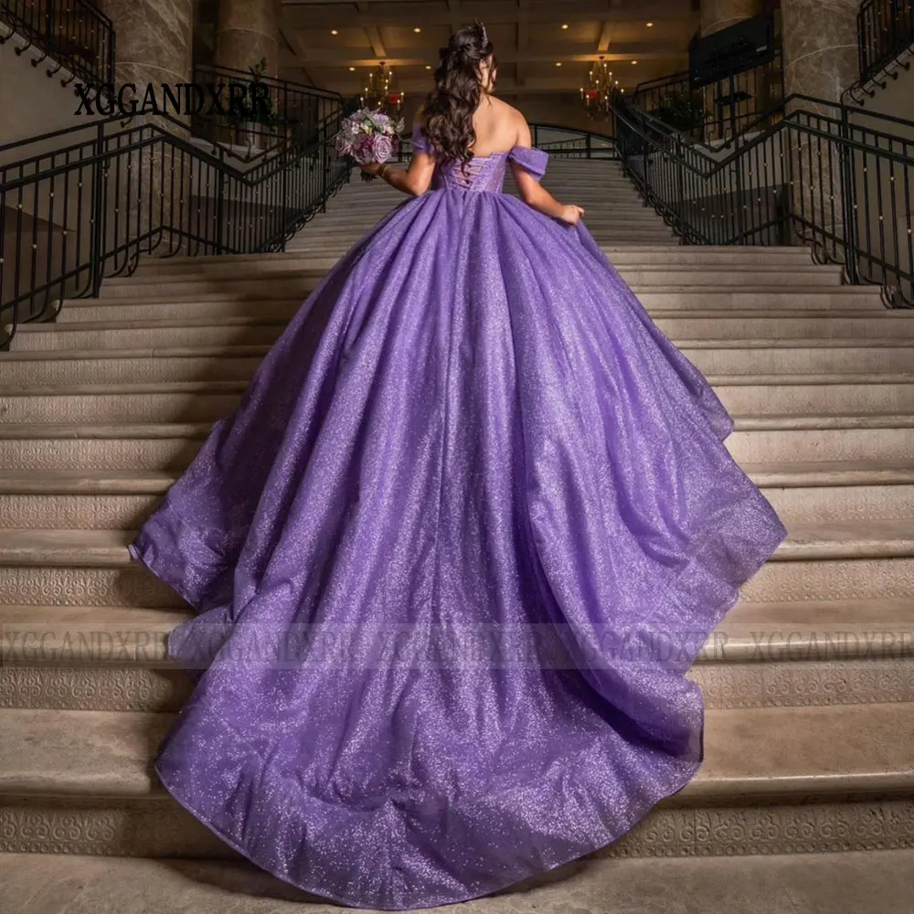 Vestido de princesa roxa Quinceanera, vestido de baile espumante, 16 anos, 15 anos, 24 anos