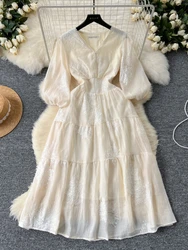 Women Elegant Long Dress French Sexy V-neck Beaded Embroidered Lantern Sleeves Vintage Dresses Ladies Floral Beach Long Robe