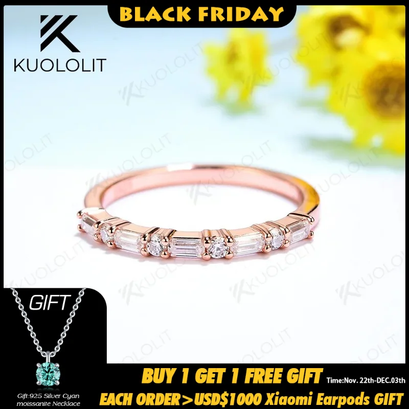 Kuololit Trapezoid Cut Moissanite Rings for Women Men Solid 18K 14K 10K White Gold Round Cut for Wedding Band Luxury Eternity