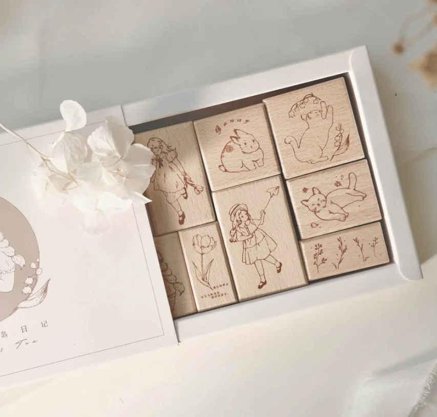 Cute Girl and Cat Vintage Wooden Stamp Set Seal