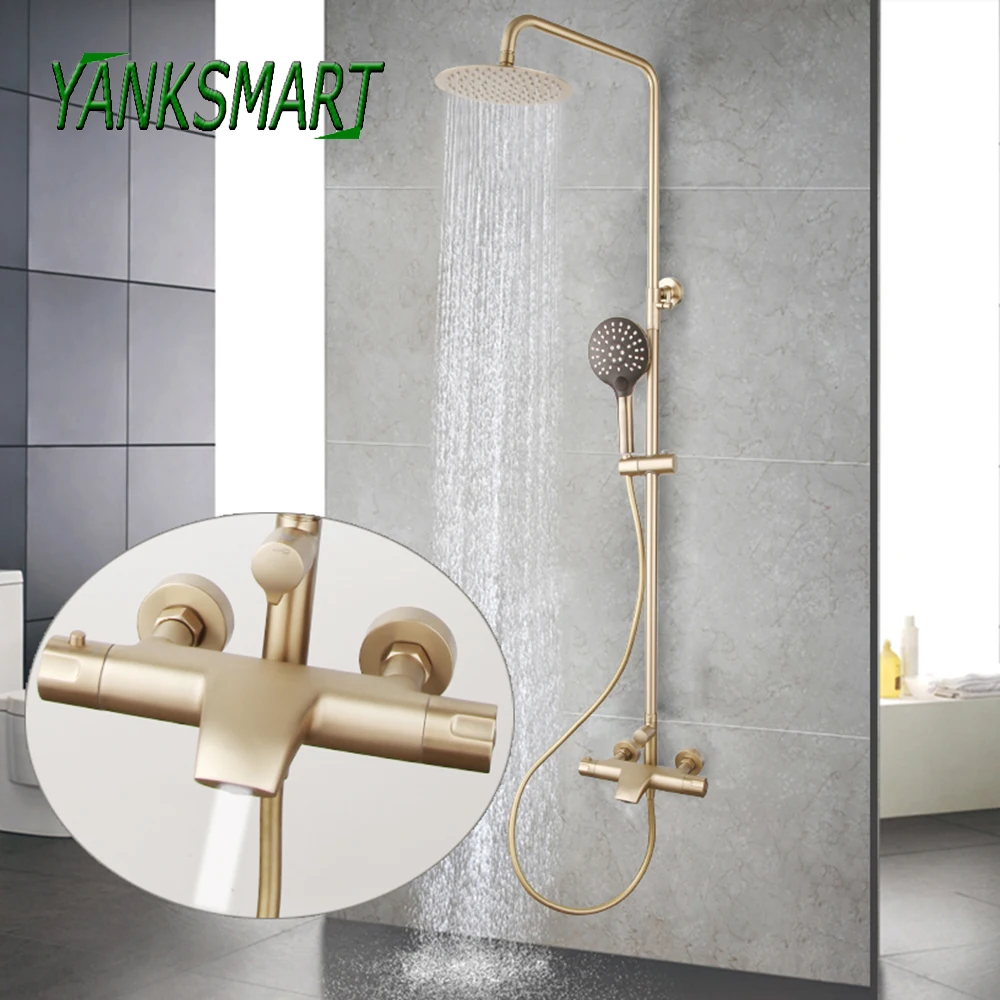 

YANKSMART Brushed Gold Shower System Bathroom Shower Wall Mounted Smart Thermostatic Bathtub Mixer Faucet Rainfall Combo Kit