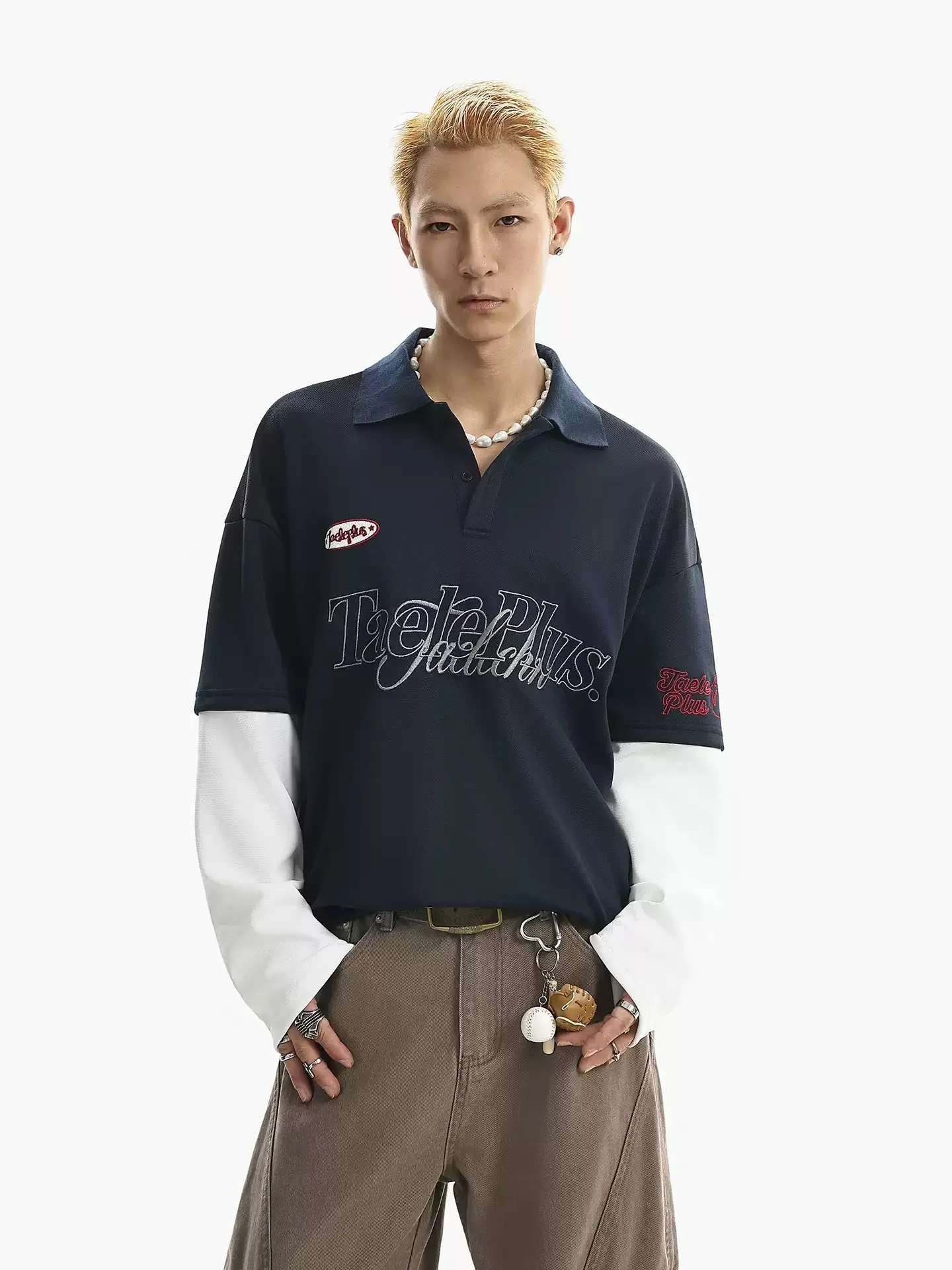 

Мужская рубашка-поло в американском ретро-стиле с вышивкой, длинным рукавом и отложным воротником, свободного кроя, модная, с эффектом двухслойности