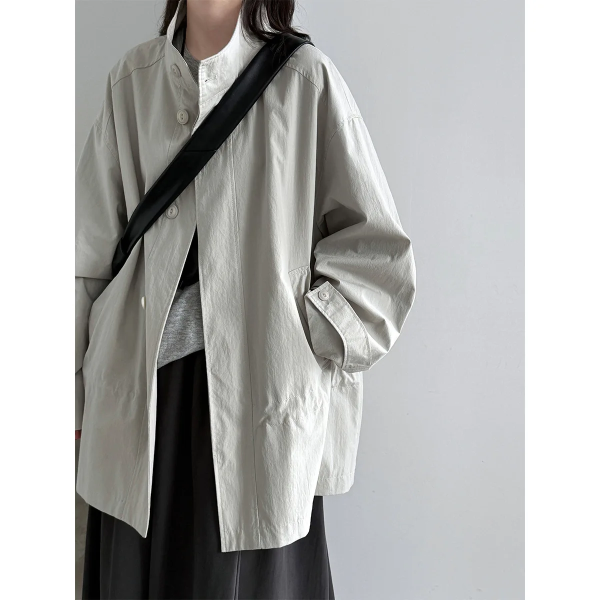 Women Autumn Fashion Trench Coat Loose Style Design Stand Collar Midi Length Trench Coat Femme Casaco Abrigo Streetwear